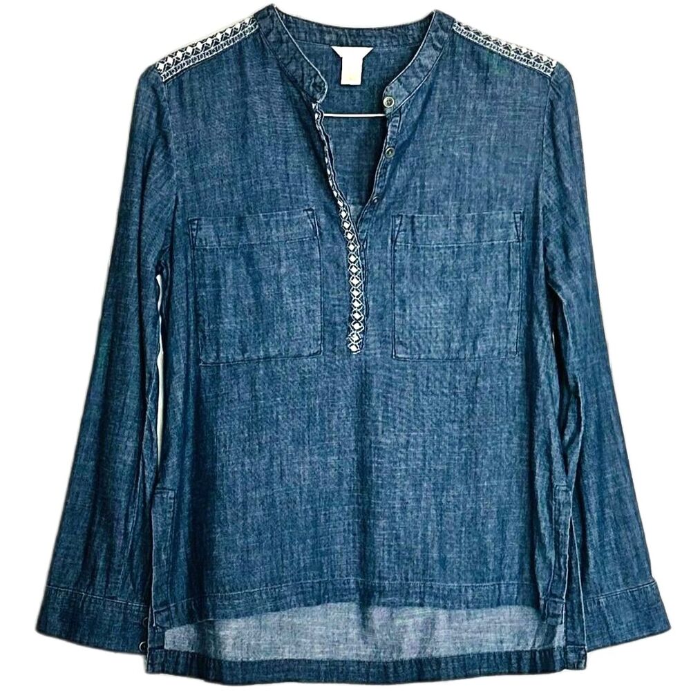 Forever 21 Chambray Denim Blue Jean Button Up Long Sleeve Casual Shirt SMALL EUC